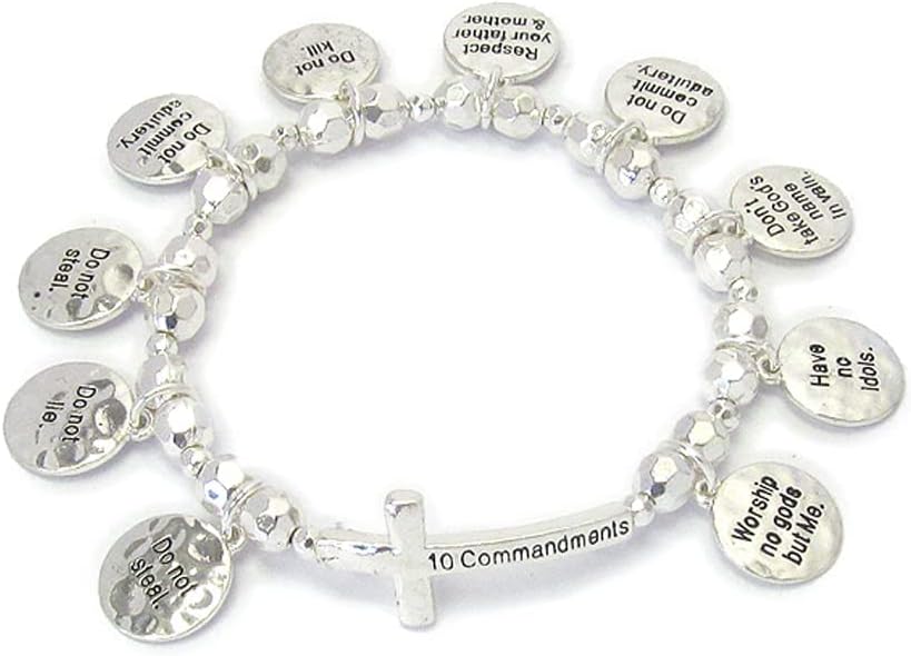 Fashion Jewelry ~ The 10 Commandments Multi Charm Stretch Beaded Bracelet for Women Casual (0B07412AS)