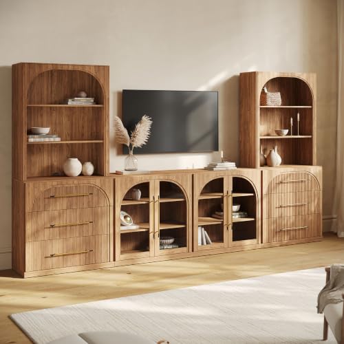 Image of BELLEZE Jagger 130 inch Wall Unit 6-Piece Modular TV Stand - Camel