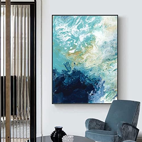 Turquoise and Gold Wall Decor Blue Gold Abstract Painting Modern Wall Art Canvas Water Flow Teal Blue Yellow Canvas Wall Art Modren Abstract Blue Ocean Wave Picture Living Room Decor16x24inch No Frame