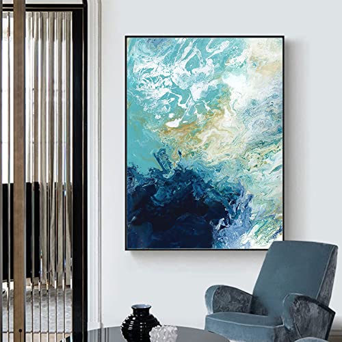 Turquoise And Gold Wall Decor Blue Gold Abstract Painting Modern Wall Art Canvas Water Flow Teal Blue Yellow Canvas Wall Art Modren Abstract Blue Ocean Wave Picture Living Room Decor16X24Inch No Frame #TOP1