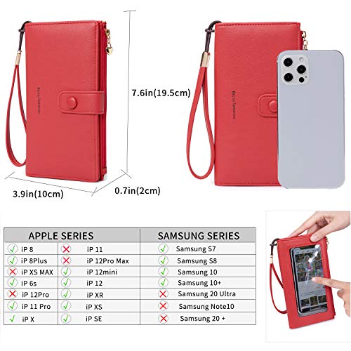 Image of myfriday Touch Screen RFID Phone Crossbody Purse with 2 Straps for Women | Clear phone window, RFID card space, 11 slots and zip pockets support quick calls, errands, theme parks and travel