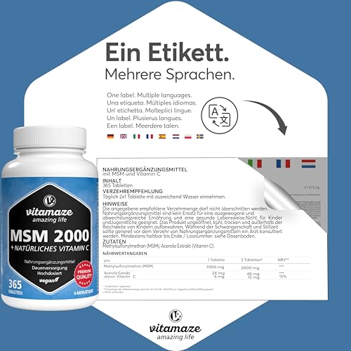 MSM 2000 mg + natürliches Vitamin C, 365 vegane Tabletten für 6 Monate, hochdosiert, 99,9% reines Methylsulfonylmethan, Nahrungsergänzung ohne Zusätze, Made in Germany