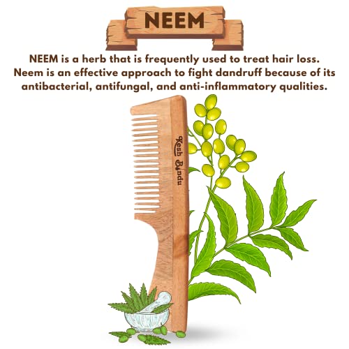 Image of Handmade Kacchi Broad Neem Wooden Comb For Women Detangling, Frizz Control & Shine, Suited For All Hair Types Kangi (Handle Comb)