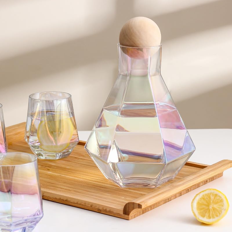 Karaffe 1 Set Luxus-Wasserkocher aus rautenförmigem Glas mit Kugeldeckel aus Naturholz, durchsichtiger Krug for kaltes Wasser, Saft-Getränkekrug, Heimgetränk Wasserkaraffe (Color : Gray Set)