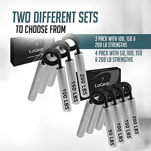 Logest Metal Hand Grip Set, 100Lb-200Lb 3 Pack 50Lb-200Lb 4 Pack No Slip Heavy-Duty Grip Strengthener With Gift Box, Great Wrist & Forearm Hand Exerciser, Home Gym (Silver - 50+100+150+200Lb 4 Pack) #TOP4