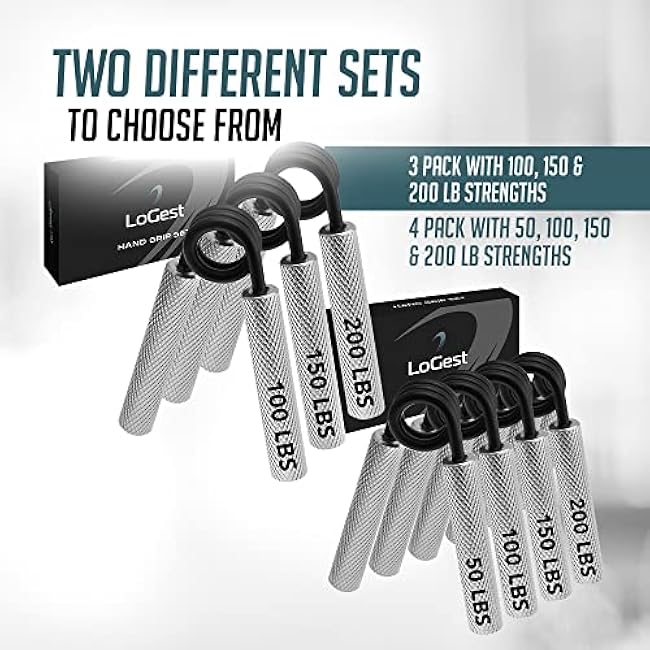Logest Metal Hand Grip Set, 100LB-200LB 3 Pack 50LB-200LB 4 Pack No Slip Heavy-Duty Grip Strengthener with Gift Box, Great Wrist & Forearm Hand Exerciser, Home Gym, Hand Gripper Grip Strength Trainer