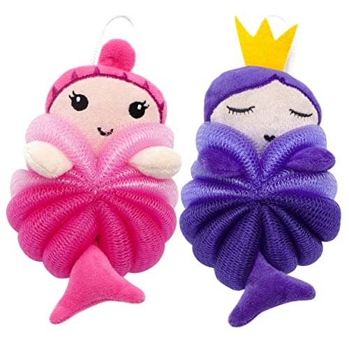 OUNONA 2Pcs Cute Cartoon Bathing Balls Body Scrubber for Gentle Exfoliation Soft Mesh Bath Loofah Mermaid for Shower and Bath