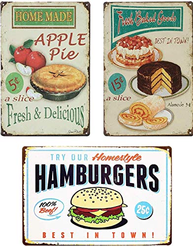 UNIQUELOVER Vintage Kitchen Signs, Cupcake, Apple Pie & Hamburger Retro Vintage Metal Plaque Poster for Cafe Bar Pub Beer Club Home Wall Decor 8 x 12 Inches --3PCSâ€¦