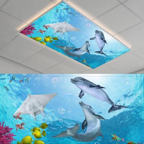 Image of Fluorescent Light Cover for Classroom - 2 Pcs marine life Magnetic Fluorescent Light Covers, Ceiling Light Covers Shade Panel Coverings for Office Classroom Home Drop Ceiling, 4 x 2 Feet