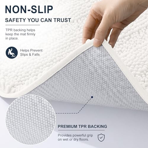 Image of Smiry Thick Chenille Bathroom Rugs 34x21, Extra Soft Absorbent Striped Bath Mat, Machine Washable, Rubber Backing, Bath Rugs for Bathroom, Tub & Shower, Modern Home Decor Accessories, Ivory