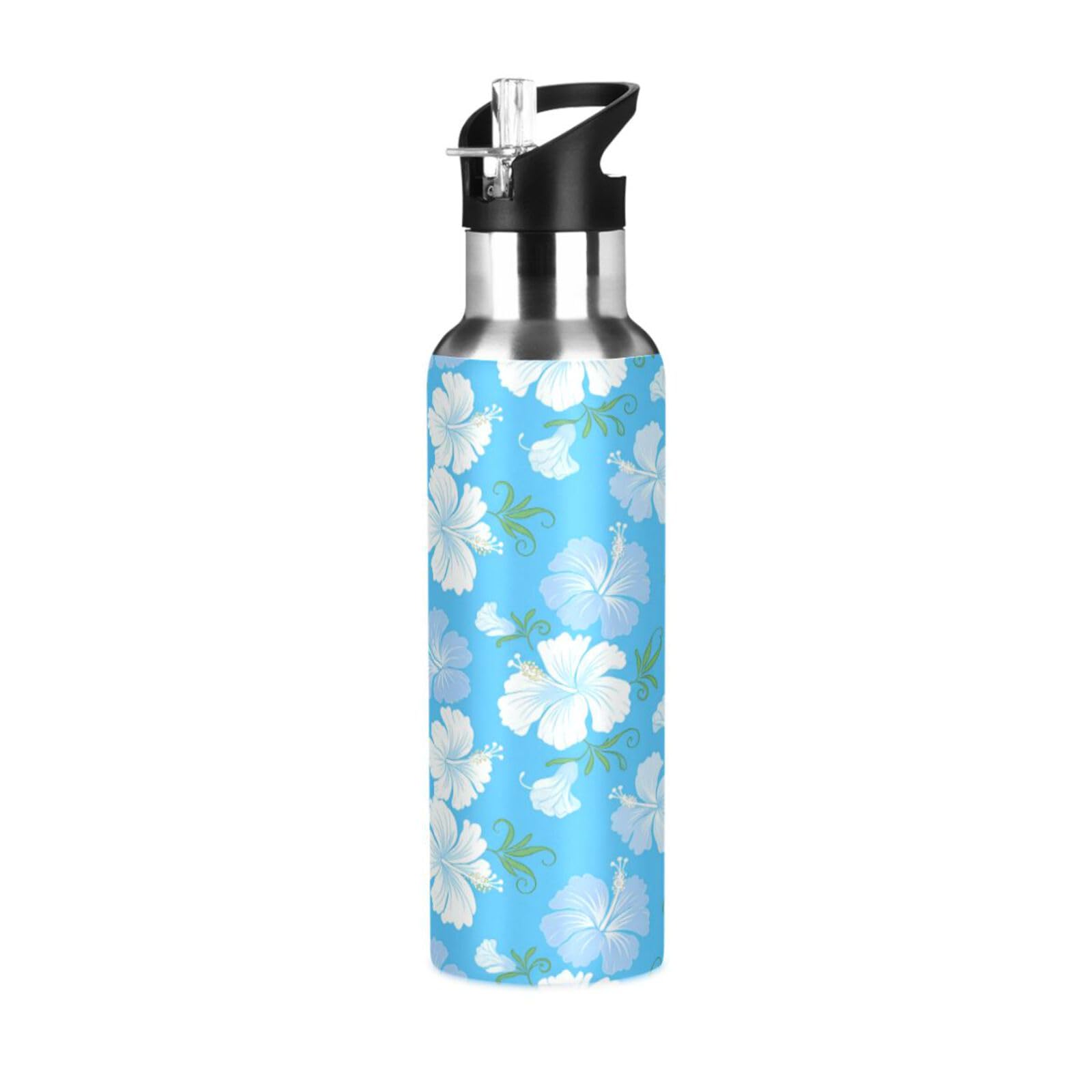 BOESI Blue Hibiscus Bloom Pattern Insulated Water Bottle 600ml, Stainless Steel Vacuum Sports Bottle with Straw, Leak Proof Thermal Bottle for Gym Travel Outdoor