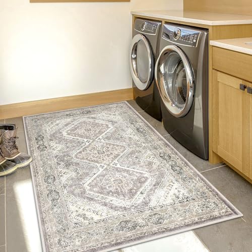 KUTA Area Rug 3x5 Oriental Ivory Grey Yellow Rugs for Living Room, Washable Kitchen Non-Slip, Ultra Soft Printed Distressed Tribal Entry Low-Pile Throw Carpet for Bedroom Dorm Decor