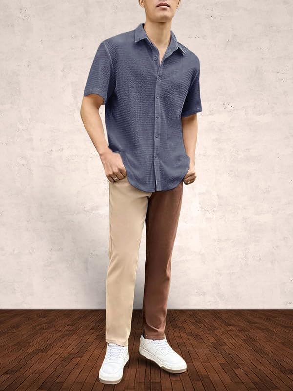 Image of Pinkmint Popcorn Shirt for Men Soild Slim Fit Sleeve Spread Collar Trendy Men Shirt Summer Wear Goa Wear Olive