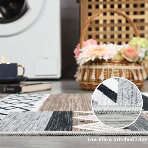 2x6 Washable Runner Rugs for Living Room, Tribal Geometric Distressed Vintage Area Rug for Bedroom Patchwork Office Carpet, Soft Low Pile Neutral Rug Non Slip, Grey