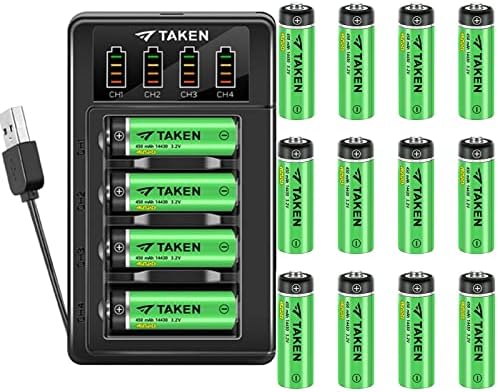 Taken 14430 3.2 Volt Rechargeable Solar Battery with Charger, 3.2V 450mAh 14430 LiFePO4 Rechargeable Battery for Solar Panel Outdoor Garden Lights, 16 Pack 14430 Battery with 4-Ports LiFePO4 Charger