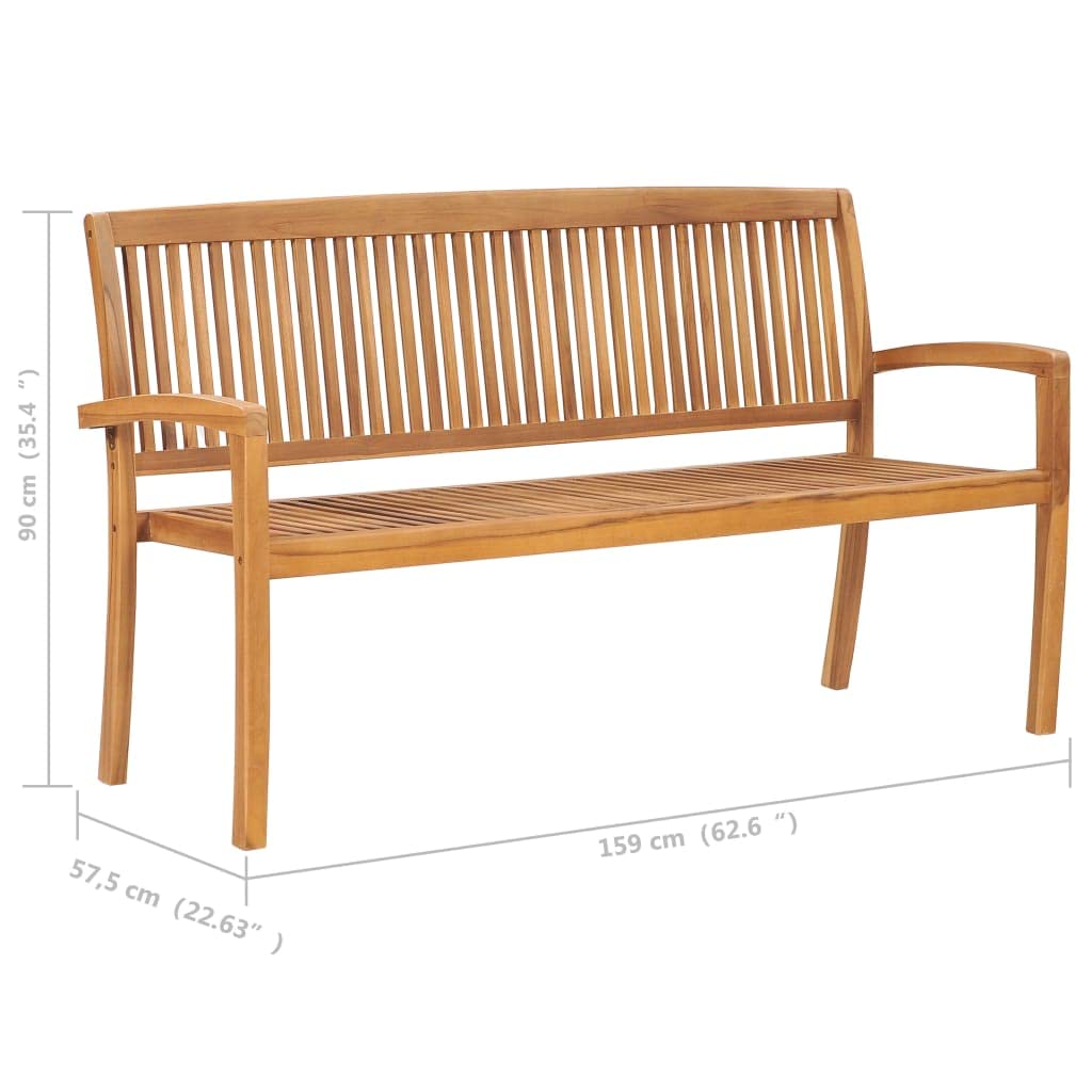 Banco de jardín apilable de 159 cm de madera maciza de teca con cojín acolchado de 3 cm, material robusto para uso en exteriores, aspecto de madera moderna, ahorra espacio para balcón, terraza