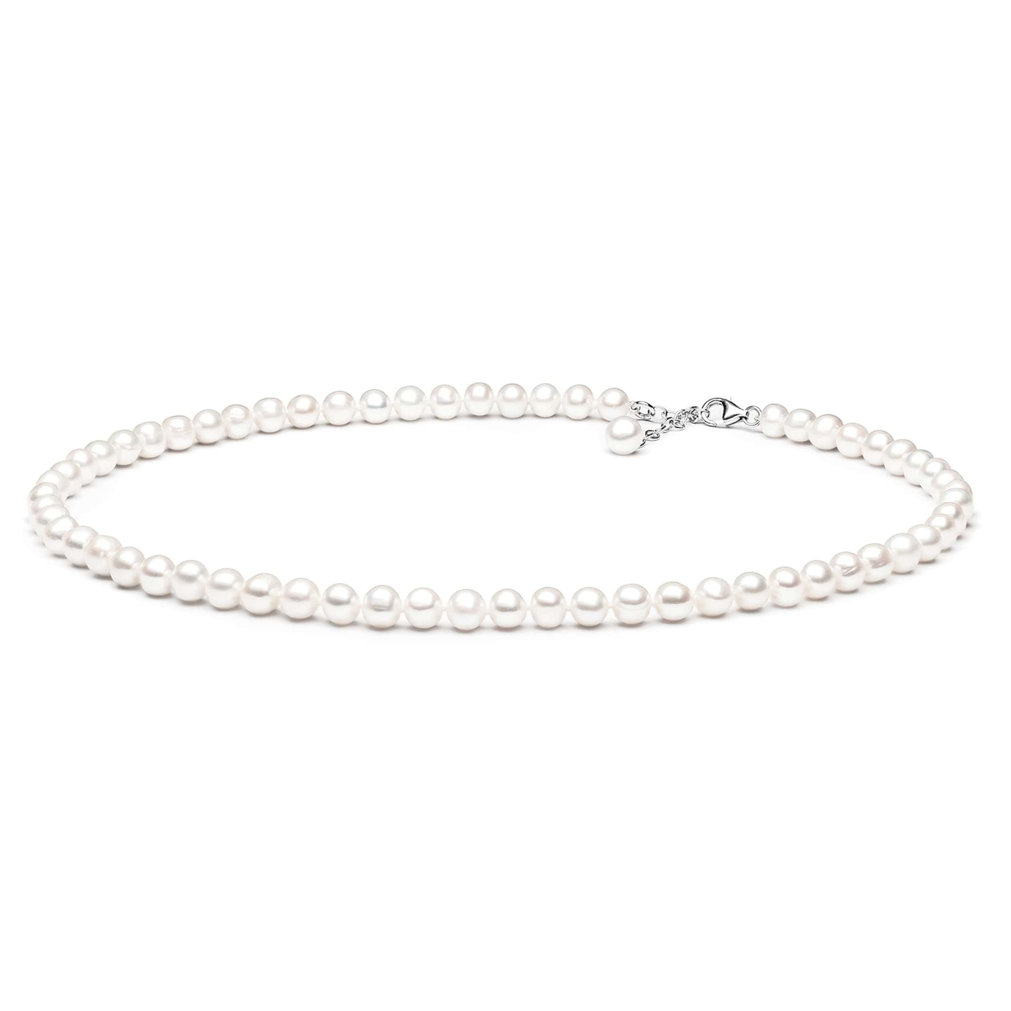 Gaura Perlenkette Damen – Weiße runde Süßwasserperlen 6,5–7,5 mm • 45–48 cm variierbar • 925 Sterling Silber • Handgefertigter Perlenschmuck – Elegant & zeitlos