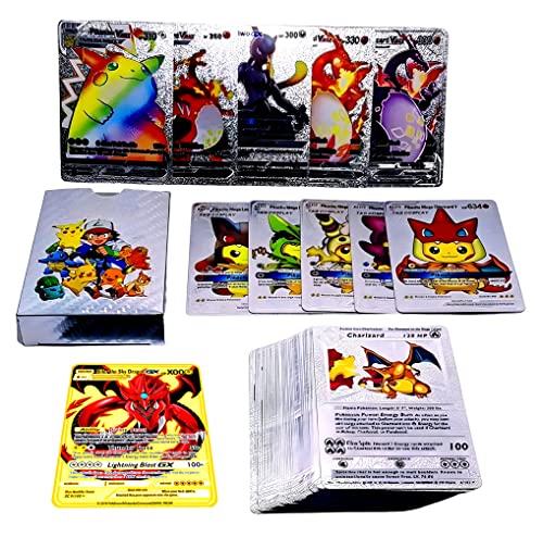 55/pcs. Cartas Pokemn Plateadas de Colección. Juego de Batalla. Tarjetas Brillantes HD Silver tradin Card VMAX -V- Gigamax GX. Caja TCG Plata 3D, Más Carta Metálica Dorada Dragón Rojo Gx de Alto Poder Cover
