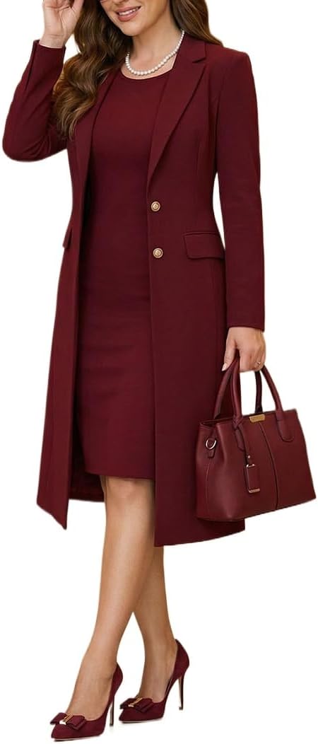 Women's 2 Piece Blazer Dress Outfits Plus Size Long Jacket Sleeveless Dress Business Formal Work Office Wedding Suit Sets