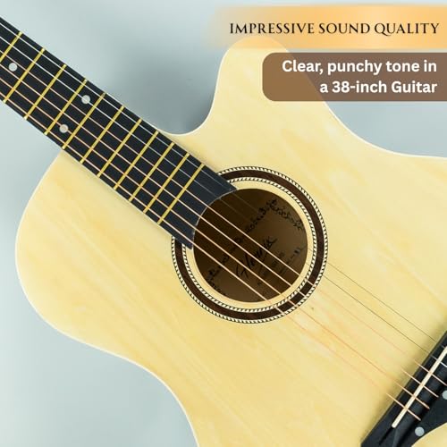 Image of Henrix 38C PRO 38 Inch Bass Wood Cutaway Acoustic Guitar With Die-Cast Tuners, Dual-Action Truss Rod, Gig-Bag, Picks, String Set, String Winder, Strap & Polishing Cloth - Natural