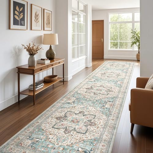 Tortania Area Rug 3x16 Runner Rugs - Washable Vintage Oriental Farmhouse Thin Indoor Carpet for Living Room Bedroom Hallway Entryway Kitchen Under Dining Table Home Office - Aqua Multi