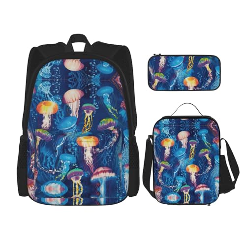 nanger Colored Jellyfish Print 3-Piece Set Backpack, Lunch Bag And Pencil Case, For Travel, College, And Daily Use