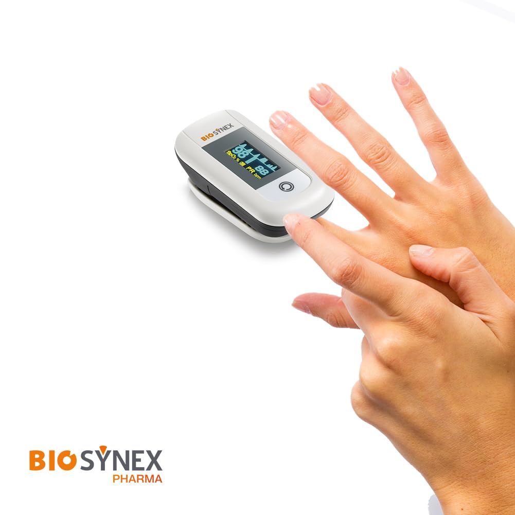 BIOSYNEX - Oxymètre de Doigt avec Mesure du Pouls - Mesure l'Oxygénation du Sang - Evaluation des Fonctions Respiratoires - Pathologies Respiratoires - Athlètes - Altitude - 12 Ans et +