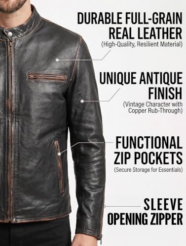 SHOP OF JACKETS LIMITED Veste de moto vintage pour homme - En cuir vieilli - Noir - Veste de motard en cuir véritable, Noir , XL – vue 3