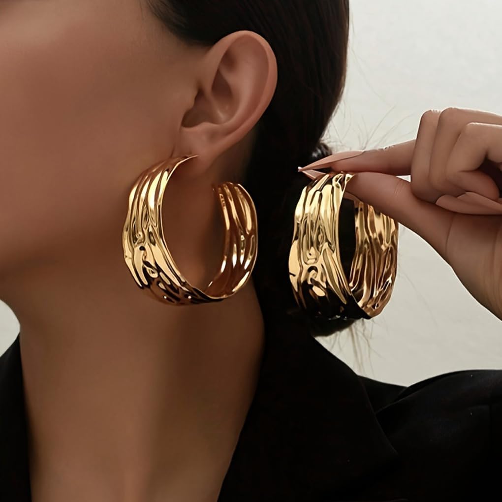 14K Gold Exaggerated Wide Hoop Earrings, Metal Hollow Circular Texture Dangle Drop Earrings, Simple Versatile Statement Jewelry Gift - Image 3