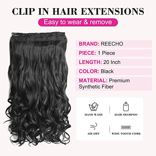 Reecho 20" 1-Pack 3/4 Full Head Curly Wave Clips In On Synthetic Hair Extensions Hairpieces For Women 5 Clips 4.5 Oz Per Piece - Natural Black #TOP1