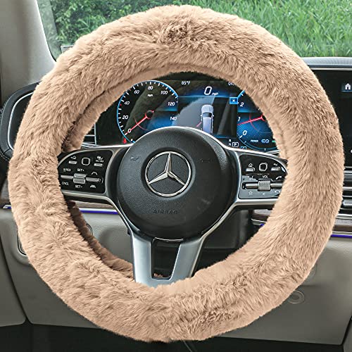 Image of FH Group Universal Fit Doe16 Faux Rabbit Fur Cozy Steering Wheel Cover fits Most Cars, SUVs, Trucks, and Vans, Ultimate Protection Beige