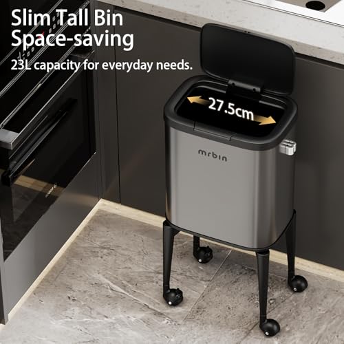Image of MRBIN Metal Kitchen Trash Can with Wheel Legs, 23L / 6.1gal Medium Press Lid Slim Removable Waste Basket, Pet Proof Tall Narrow Garbage Pail for Vanity, Bedroom, Bathroom, Living Room, Eclipse Grey