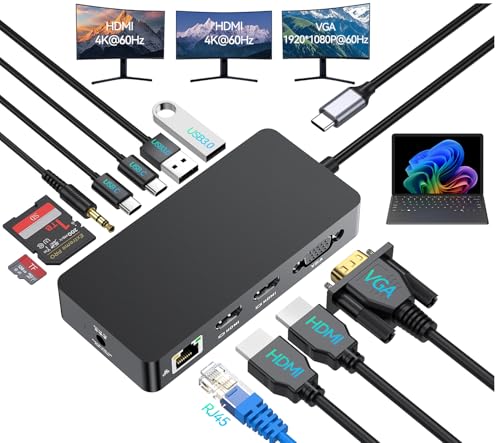 Surface Thunderbolt 4 Docking Station 12-in-1 Surface Pro Dock Dual 4K@60Hz HDMI VGA Triple Monitor Adapter Compatible with Microsoft Surface Pro 13 12 11 10 9 8 7 X Surface Laptop 7 6 5 Go Book