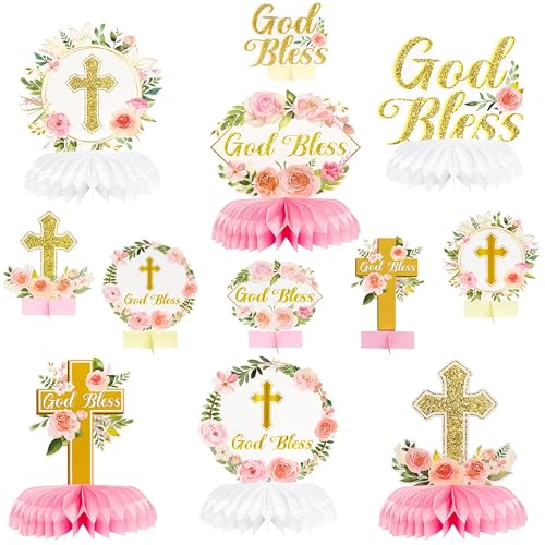 Image of ANGOLIO 12Pcs Floral God Bless Decorations First Communion Honeycomb Centerpiece Double Sided Table Toppers for Baby Girl Baptism Party Decor Christening Celebration Religious Photo Props Decor Girls