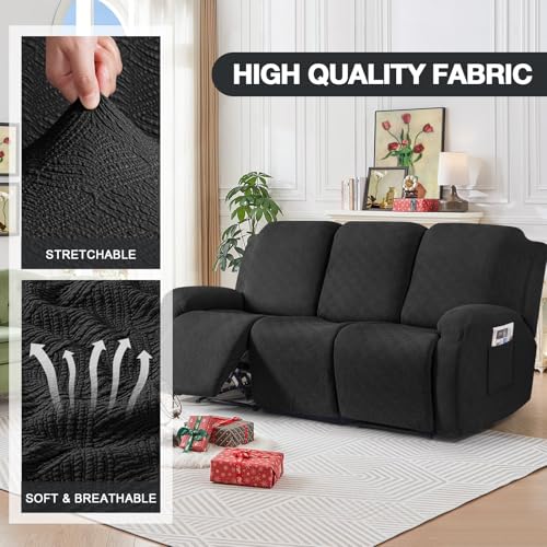 Image of Timeles Recliner Covers for 3 Seater Reclining Couch Covers Sofa Slipcover Furniture Protector for Dogs and Pets Stretch Soft Washable (Three-Seater, Black)