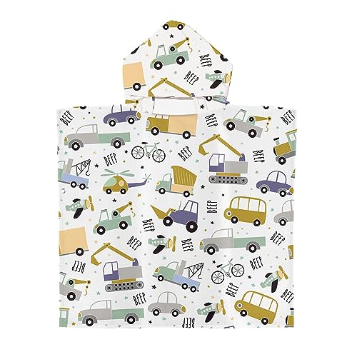 DOTBUY-SHOP Poncho Toalla Niños de Playa con Estampado de Carro de Caricatura, Infantils Toalla de Baño con Capucha para Niña y Niño, Suave Absorbente Microfibra Poncho Toalla (70x90cm,Excavador)