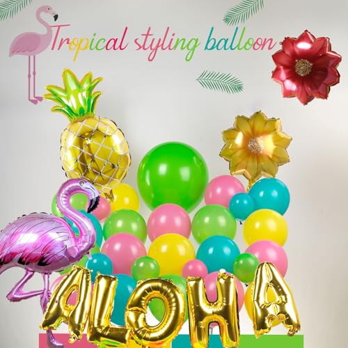 Image of Summer aloha garland arch kit 150pcs Magenta Pink teal green yellow balloon with tropical flowers flamingo diy Giant Pineapple aloha letter balloon for hawaii aloha luau theme party decorations
