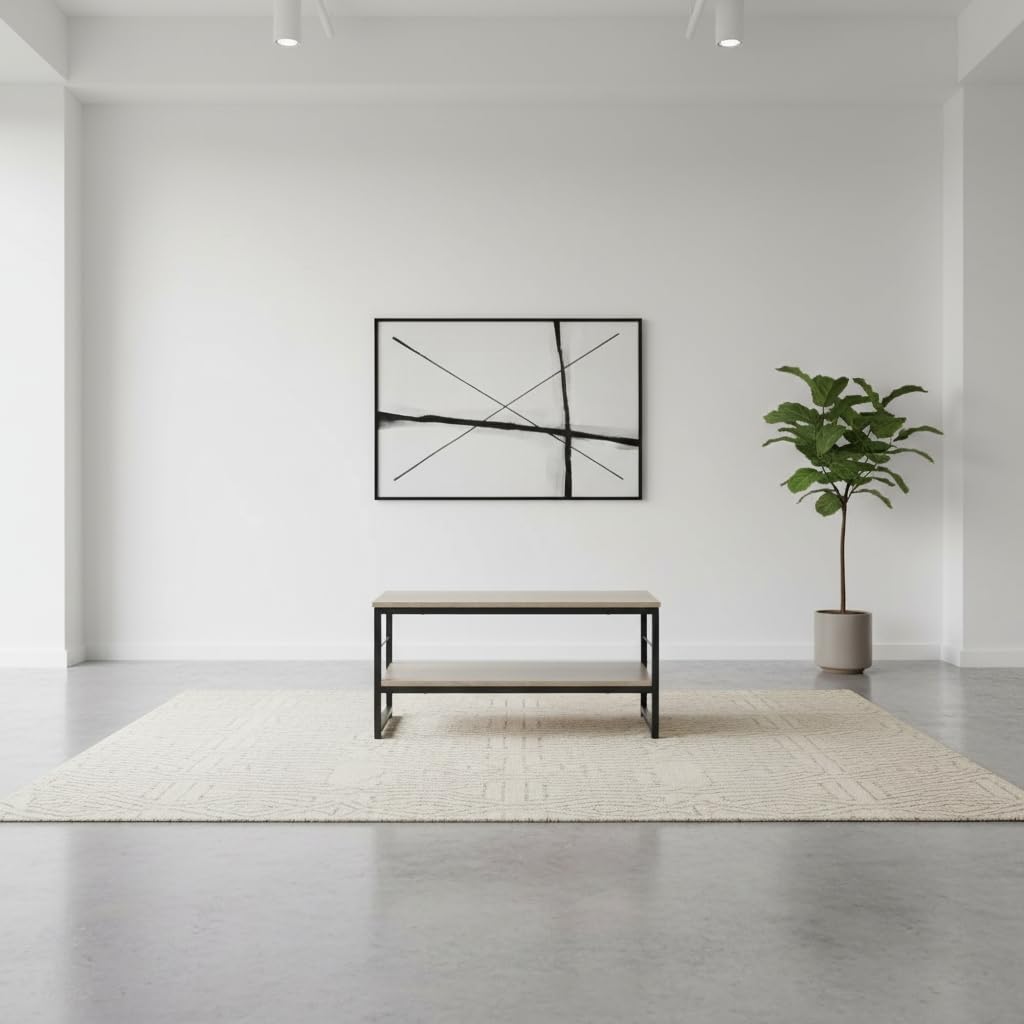 INDE MOBLEKIT | Tavolino rettangolare 80x40x38 cm con 2 ripiani, struttura in metallo nero e piano in legno opaco, tavolino laterale per soggiorno, ripiano basso o tavolino da caffè