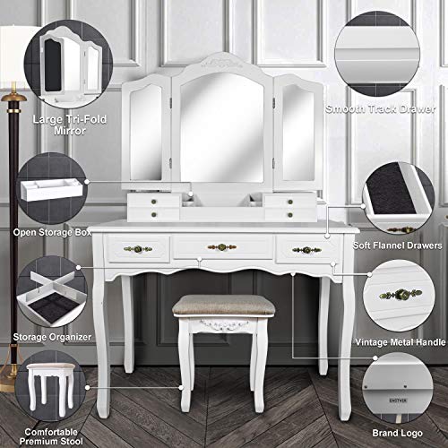 Vanity Beauty Station,Large Tri-Folding Necklace Hooked Mirrors,6 Organization 7 Drawers Makeup Dress Table with Cushioned Stool Set - White