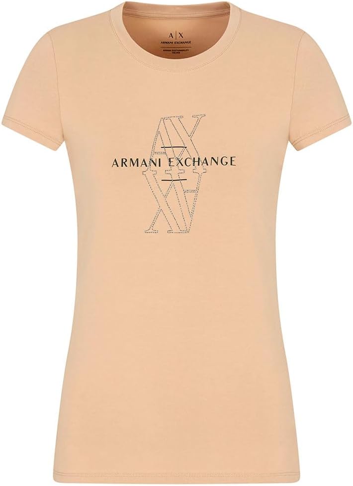 Armani Exchange Womens Crewneck Slim Fit Rhinestone Monogram Logo Tee - Image 3