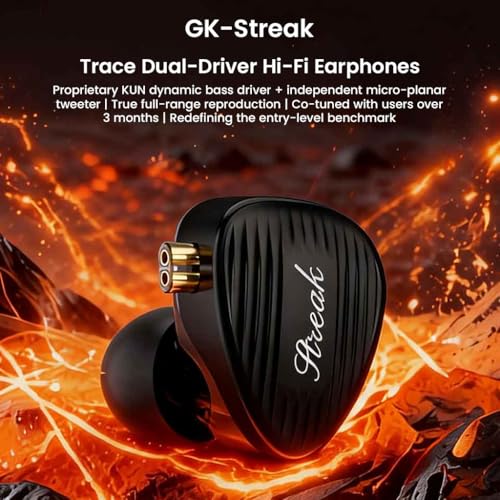 Image of Concept Kart GK Streak Hybrid in-Ear Monitor Wired IEM with Mic, KUN Dynamic Driver + Micro-Planar Tweeter, High-Resolution Audio, Silver-Plated Cable, Type-C Termination Plug (Black)