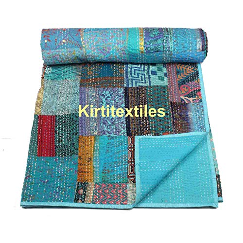 Image of Silk Hand Made Design Kantha Quilt Blanket, Bed Cover, Bedspread (Size 90X 108) - Multicolour