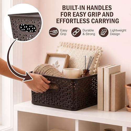 Image of JD Fresh Pack of 3 Premium Plastic Storage Basket with Lid /Smooth Handle Design & Stackable Storage Organizer /Durable Kitchen Storage Basket for Clothes, Vegetables, Fruits, Toys and Stationery(Brown)