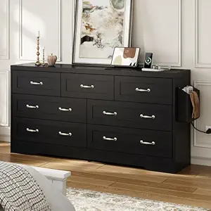 DWVO Farmhouse 7 Drawer Dresser for Bedroom, 59" Wide Large Modern Dresser TV Stand with Drawers & Bar Handles, Storage Dressers with Power Outlets, Rustic Wood Chest of Drawers, Black