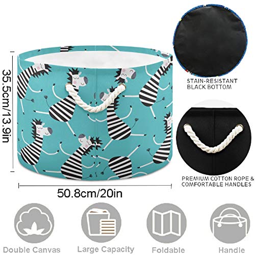 Image of visesunny Storage Basket Cartoon Zebra Nursery Hamper Canvas Fabric Toy Storage Organizer Bin Waterproof Storage Box Laundry Basket for Kid Rooms,Playroom,Shelves,Toy Basket,Gift Basket