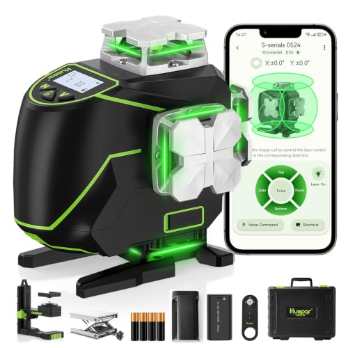 Huepar Laser Level 360 Self Leveling, S04CG 4x360° Green 4D Cross Line Laser with LCD Screen, Bluetooth Outdoor Pulse Mode, Remote Control, Rechargeable 16 Lines Laser Tool for Construction/Tile/Floor