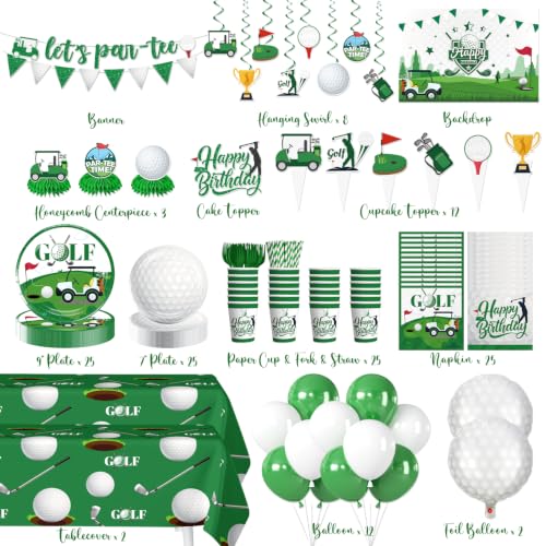 Image of 193Pcs cocomigo Golf Birthday Decorations Tableware Set, 25 Serves