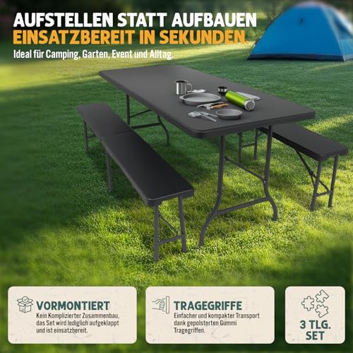 Devillo® Bierzeltgarnitur klappbar 3‑teilig – Tisch 180x74x72 cm + 2 Bänke 180x25x43 cm – Campingtisch, wetterfest & pflegeleicht, Anti‑Rutsch – mit Tragegriffen – für Camping, Garten – Anthrazit 2