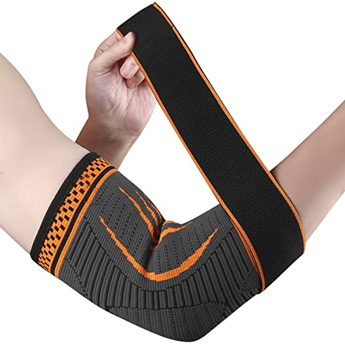 Elbow Support for Men and Women 1 Pack Non Slip Elbow Brace Adjustable Compression Arm Sleeve for Left and Right Hand Tennis Elbow, Golfers Elbow, Arthritis, Tendinitis, Weightlifting (Orange, Large)