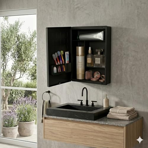 Image of BRANCO New Rich Look Bathroom Cabinet with Mirror | Storage Organiser | Strong Plastic Bathroom Shelves Wall Mounted | Bathroom Accessories| Mirror Cabinet- (Black)